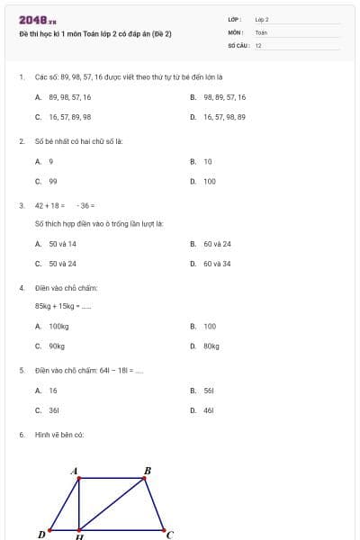 Đề thi học kì 1 môn Toán lớp 2 có đáp án (Đề 2)