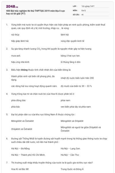 400 Bài trắc nghiệm thi thử THPTQG 2019 môn Địa lí cực hay có lời giải (P7)