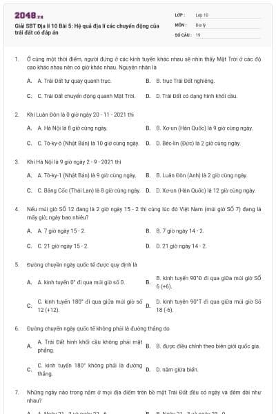 Giải SBT Địa lí 10 Bài 5: Hệ quả địa lí các chuyển động của trái đất có đáp án