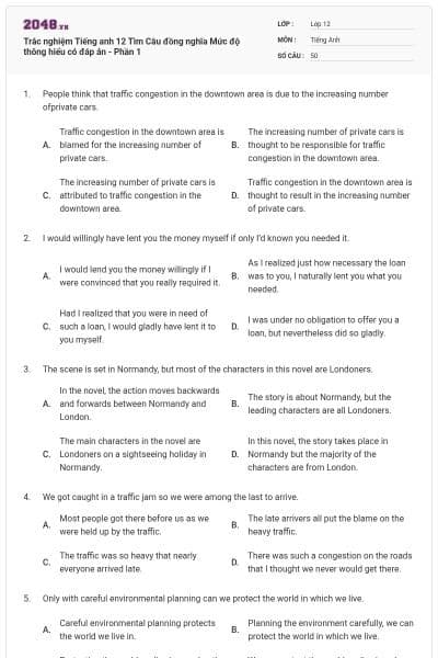 Trắc nghiệm Tiếng anh 12 Tìm Câu đồng nghĩa Mức độ thông hiểu có đáp án - Phần 1