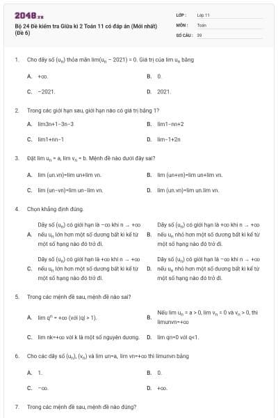Bộ 24 Đề kiểm tra Giữa kì 2 Toán 11 có đáp án (Mới nhất) (Đề 6)