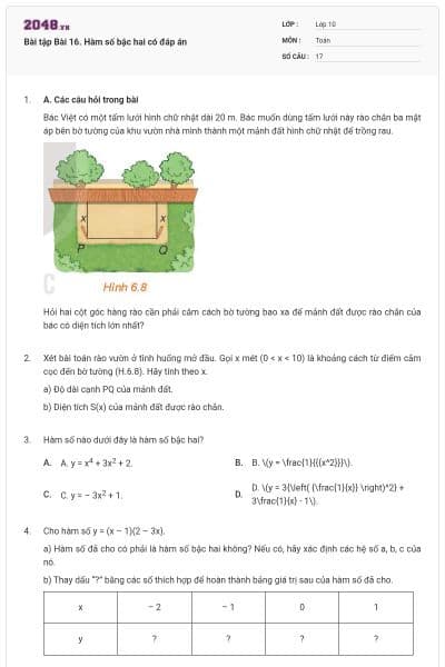 Bài tập Bài 16. Hàm số bậc hai có đáp án