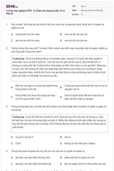 12 Câu trắc nghiệm KTPL 12 Chân trời sáng tạo Bài 10 có đáp án