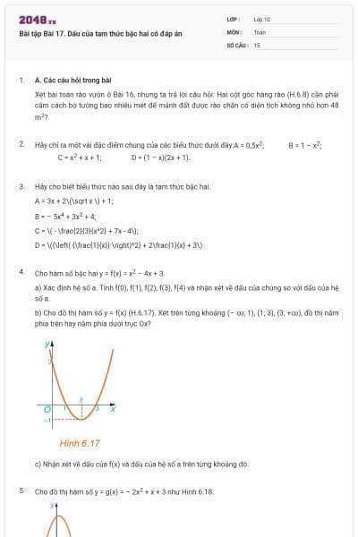 Bài tập Bài 17. Dấu của tam thức bậc hai có đáp án