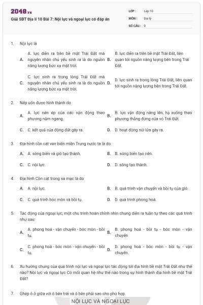Giải SBT Địa lí 10 Bài 7: Nội lực và ngoại lực có đáp án