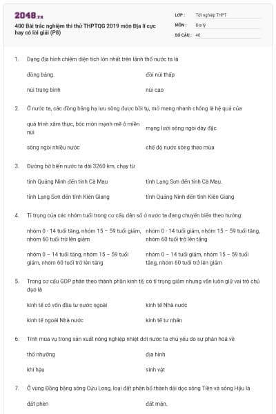 400 Bài trắc nghiệm thi thử THPTQG 2019 môn Địa lí cực hay có lời giải (P8)