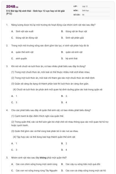 512 Bài tập Hệ sinh thái - Sinh học 12 cực hay có lời giải (P12)