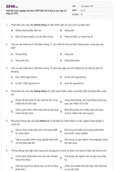 360 Bài trắc nghiệm thi thử THPTQG 2019 Địa lí cực hay có đáp án (P5)