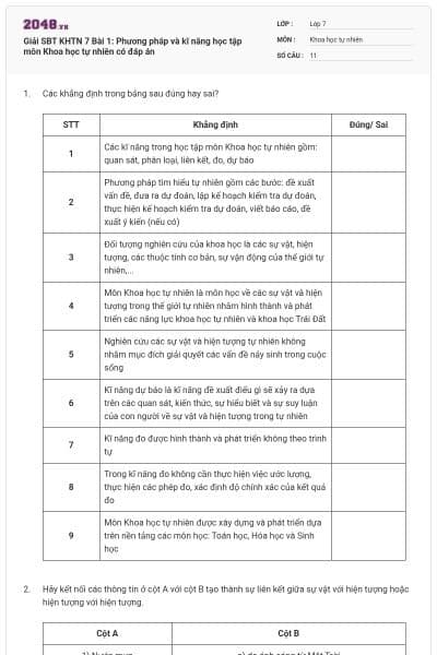 Giải SBT KHTN 7 Bài 1: Phương pháp và kĩ năng học tập môn Khoa học tự nhiên có đáp án