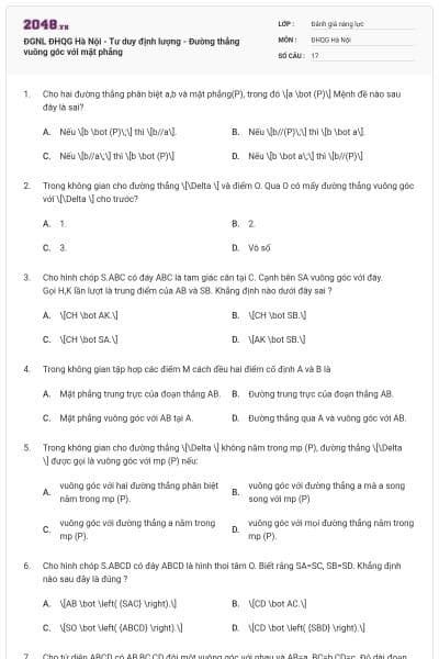 ĐGNL ĐHQG Hà Nội - Tư duy định lượng - Đường thẳng vuông góc với mặt phẳng