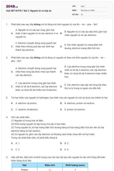 Giải SBT KHTN 7 Bài 2: Nguyên tử có đáp án