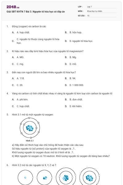 Giải SBT KHTN 7 Bài 3. Nguyên tố hóa học có đáp án