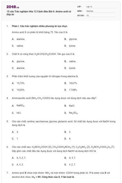 15 câu Trắc nghiệm Hóa 12 Cánh diều Bài 6: Amino acid có đáp án