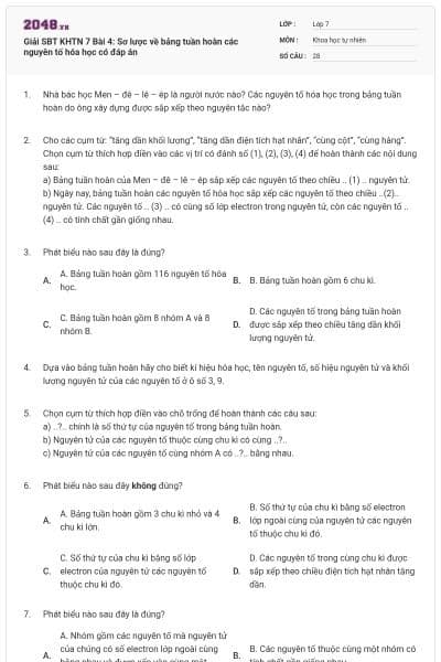 Giải SBT KHTN 7 Bài 4: Sơ lược về bảng tuần hoàn các nguyên tố hóa học có đáp án