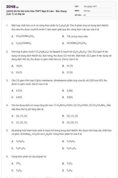 (2024) Đề thi thử môn Hóa THPT Ngô Sĩ Liên - Bắc Giang (Lần 1) có đáp án