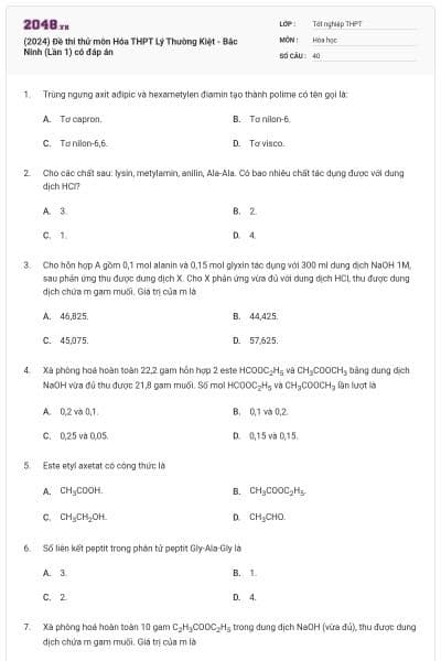 (2024) Đề thi thử môn Hóa THPT Lý Thường Kiệt - Bắc Ninh (Lần 1) có đáp án