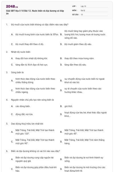 Giải SBT Địa lí 10 Bài 12. Nước biển và đại dương có đáp án