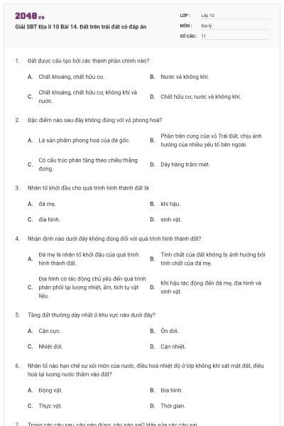 Giải SBT Địa lí 10 Bài 14. Đất trên trái đất có đáp án