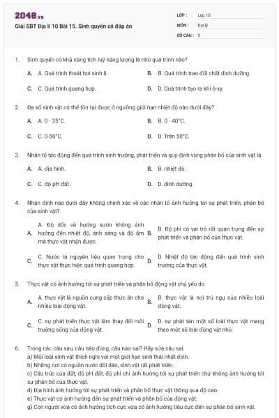 Giải SBT Địa lí 10 Bài 15. Sinh quyển có đáp án