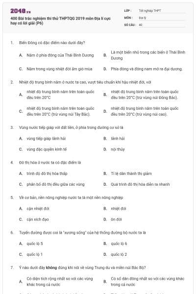 400 Bài trắc nghiệm thi thử THPTQG 2019 môn Địa lí cực hay có lời giải (P6)