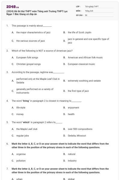 (2024) Đề thi thử THPT môn Tiếng anh Trường THPT Lục Ngạn 1 Bắc Giang có đáp án