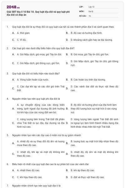 Giải SBT Địa lí 10 Bài 18. Quy luật địa đới và quy luật phi địa đới có đáp án