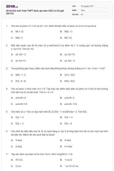Đề thi thử môn Toán THPT Quốc gia năm 2022 có lời giải (Đề 25)