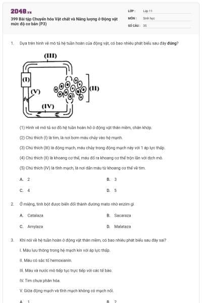399  Bài tập Chuyển hóa Vật chất và Năng lượng ở Động vật mức độ cơ bản (P3)