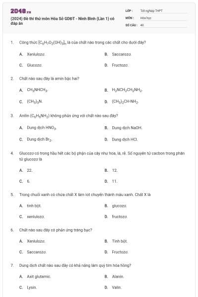 (2024) Đề thi thử môn Hóa Sở GDĐT - Ninh Bình (Lần 1) có đáp án