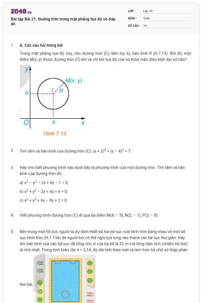 Bài tập Bài 21. Đường tròn trong mặt phẳng tọa độ  có đáp án