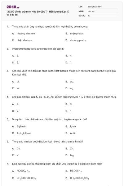 (2024) Đề thi thử môn Hóa Sở GDĐT - Hải Dương (Lần 1) có đáp án