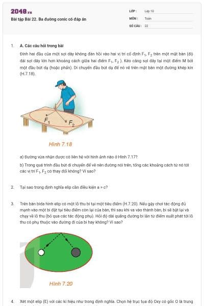 Bài tập Bài 22. Ba đường conic có đáp án