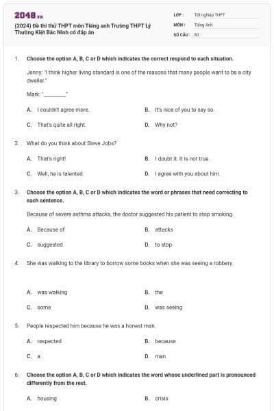 (2024) Đề thi thử THPT môn Tiếng anh Trường THPT Lý Thường Kiệt Bắc Ninh có đáp án