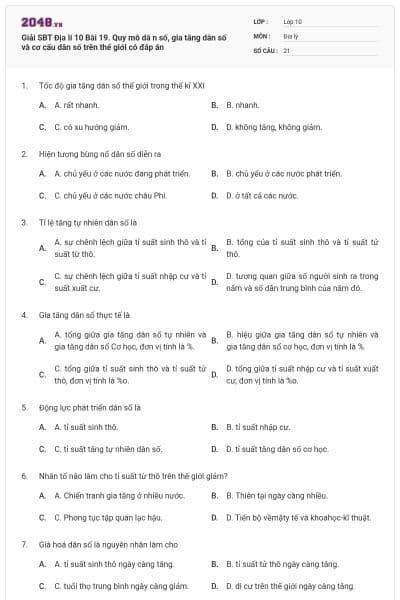 Giải SBT Địa lí 10 Bài 19. Quy mô dâ n số, gia tăng dân số và cơ cấu dân số trên thế giới có đáp án