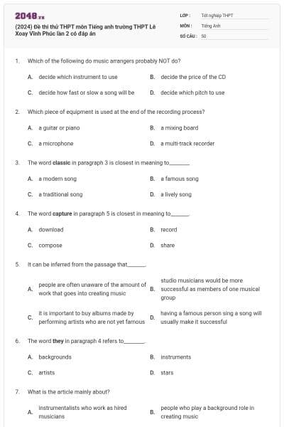 (2024) Đề thi thử THPT môn Tiếng anh trường THPT Lê Xoay Vĩnh Phúc lần 2 có đáp án