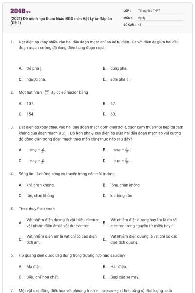 (2024) Đề minh họa tham khảo BGD môn Vật Lý có đáp án (Đề 1)
