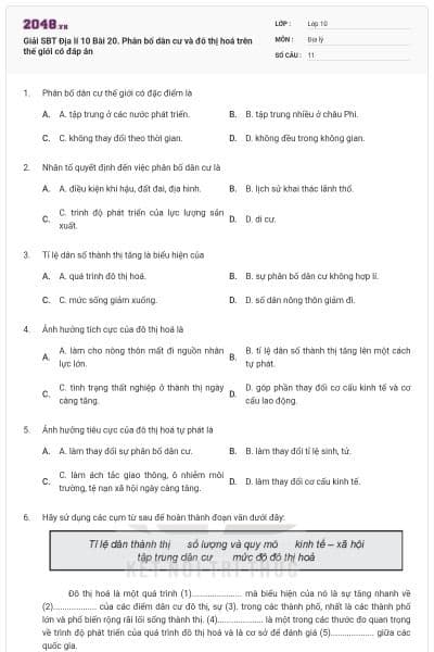 Giải SBT Địa lí 10 Bài 20. Phân bố dân cư và đô thị hoá trên thế giới có đáp án