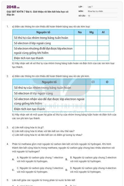 Giải SBT KHTN 7 Bài 6. Giới thiệu về liên kết hóa học có đáp án