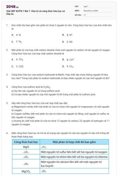 Giải SBT KHTN 7 Bài 7. Hóa trị và công thức hóa học có đáp án