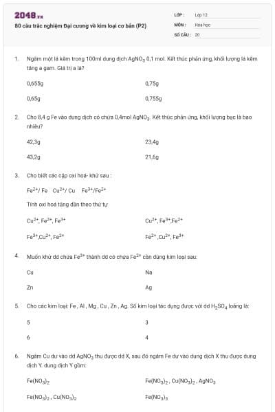 80 câu trắc nghiệm Đại cương về kim loại cơ bản (P2)
