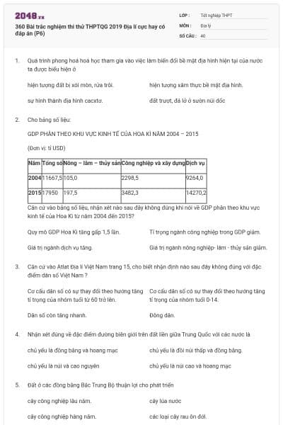 360 Bài trắc nghiệm thi thử THPTQG 2019 Địa lí cực hay có đáp án (P6)