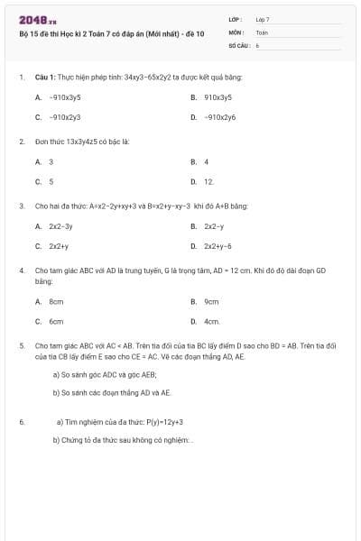 Bộ 15 đề thi Học kì 2 Toán 7 có đáp án (Mới nhất) - đề 10