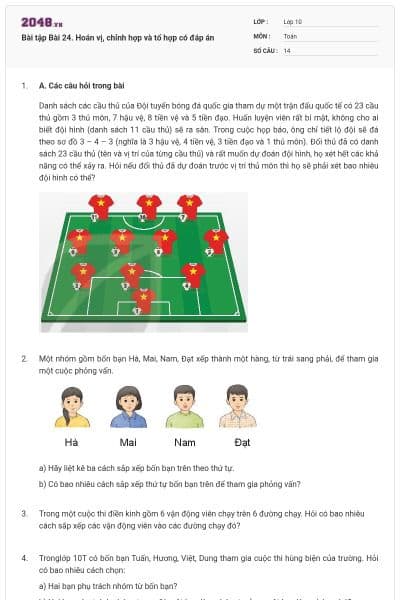 Bài tập Bài 24. Hoán vị, chỉnh hợp và tổ hợp có đáp án