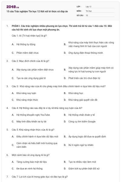 15 câu Trắc nghiệm Tin học 12 Kết nối tri thức có đáp án