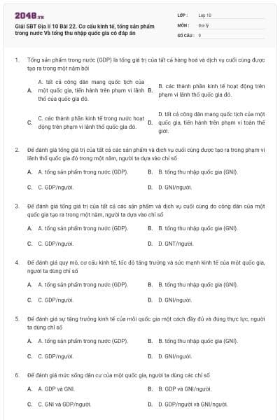 Giải SBT Địa lí 10 Bài 22. Cơ cấu kinh tế, tổng sản phẩm trong nước Và tổng thu nhập quốc gia có đáp án