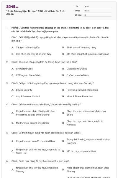 15 câu Trắc nghiệm Tin học 12 Kết nối tri thức Bài 5 có đáp án