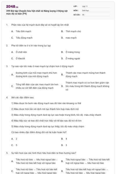 399 Bài tập Chuyển hóa Vật chất và Năng lượng ở Động vật mức độ cơ bản (P4)