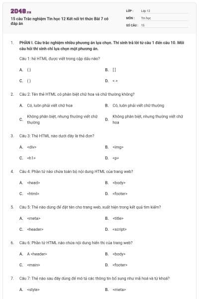 15 câu Trắc nghiệm Tin học 12 Kết nối tri thức Bài 7 có đáp án