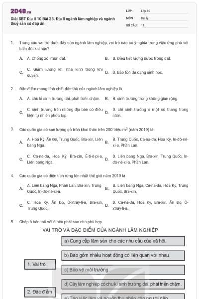 Giải SBT Địa lí 10 Bài 25. Địa lí ngành lâm nghiệp và ngành thuỷ sản có đáp án