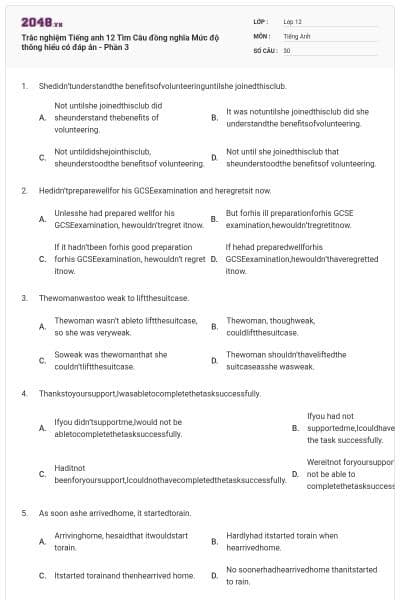 Trắc nghiệm Tiếng anh 12 Tìm Câu đồng nghĩa Mức độ thông hiểu có đáp án - Phần 3